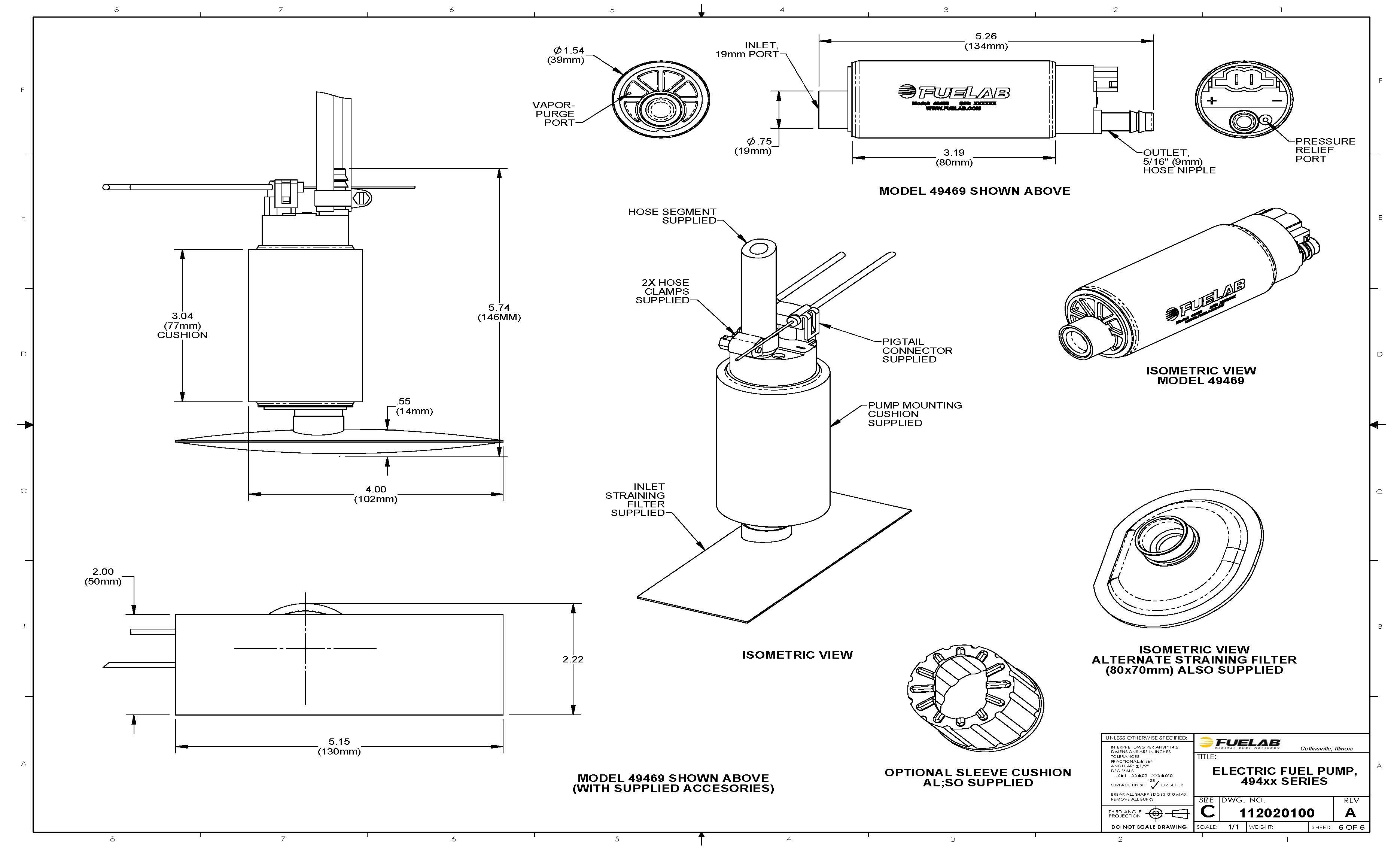 Buy Fuelab High Output In Tank Electric Fuel Pump 340LPH 19mm Inline Inlet, 8mm Outlet 49469