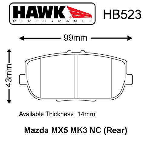 Hawk HB523 Pad Set, Suit Mazda Mk3 Miata MX-5 NC (Rear) Caliper